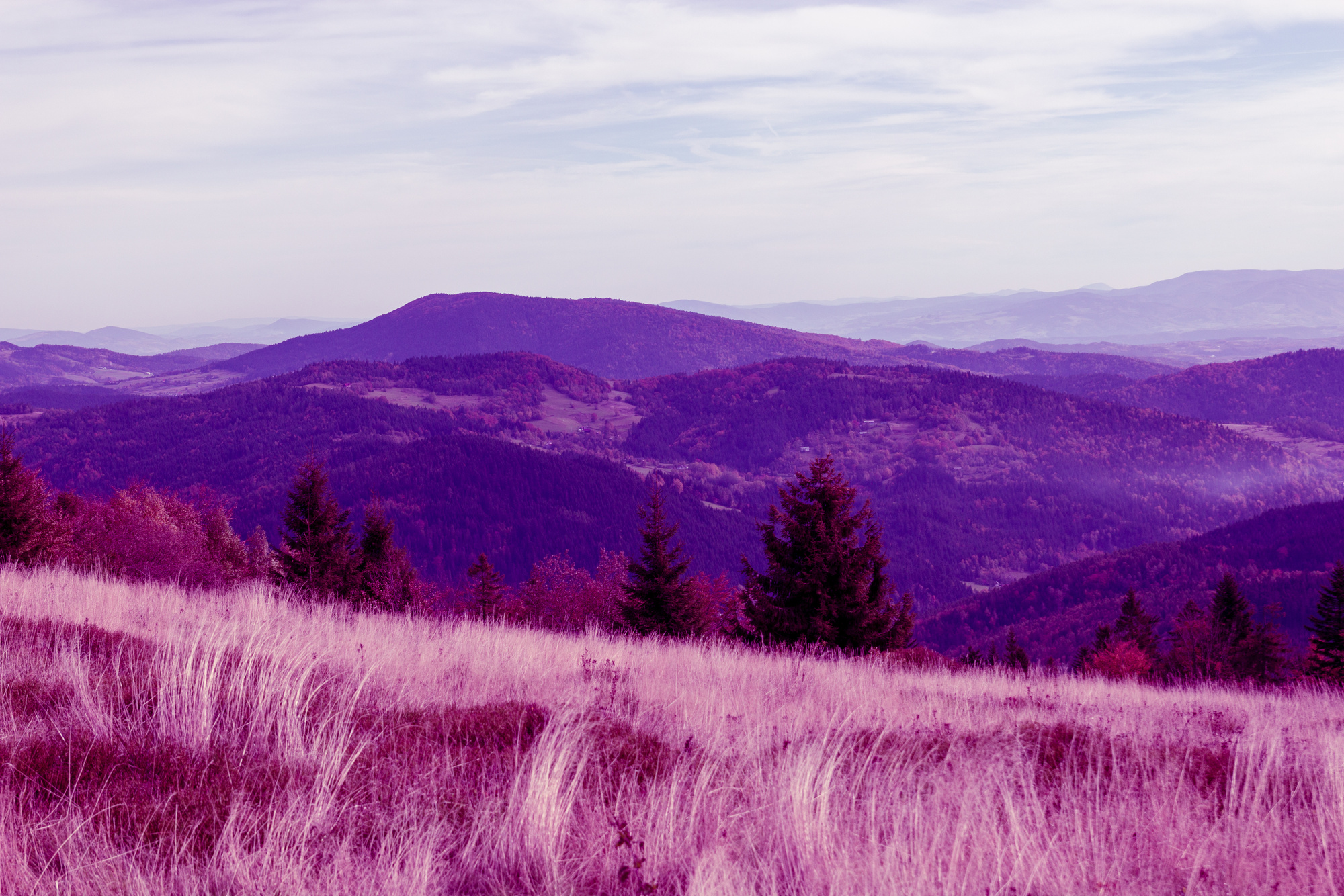 Surreal red purple mountain landscape